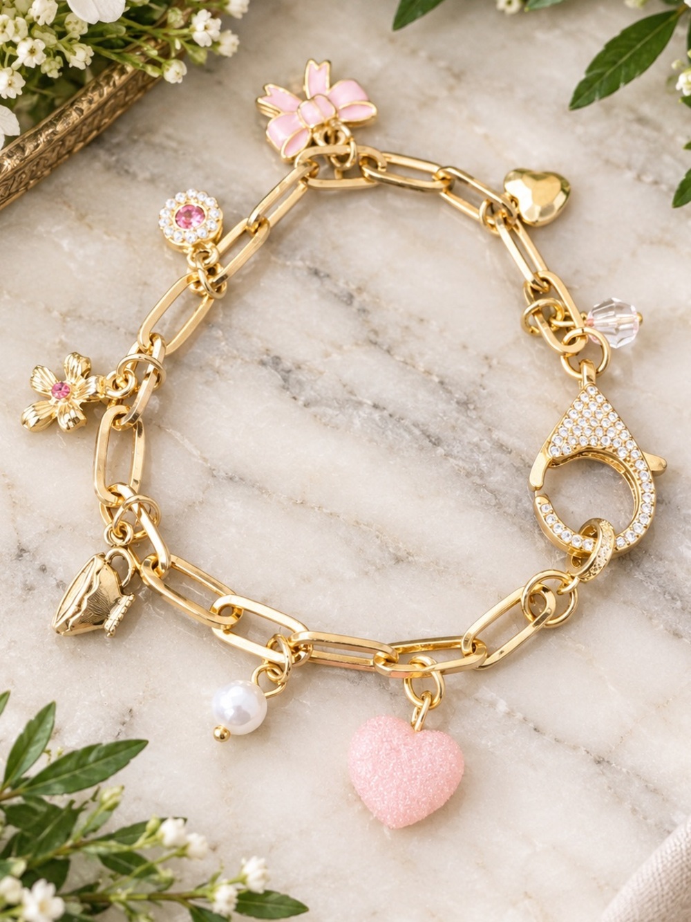 Gold Paperclip Charm Bracelet, Jumbo Pave Clasp